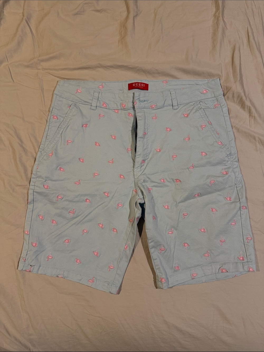 GUESS Light Blue Men’s Shorts with Pink Flamingo Embroidery